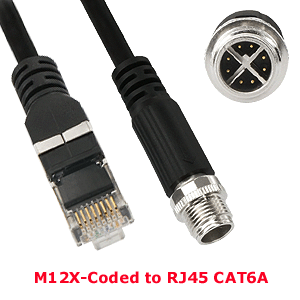 M12 X-Coded 8-Pin Male to RJ45 Cat6A S/FTP 26AWG Cable